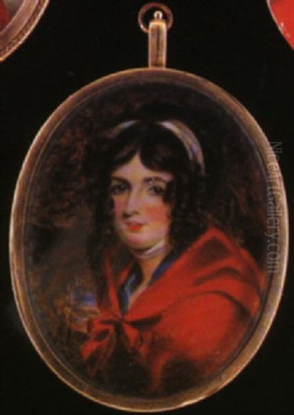 Portrait Of A Lady Wearing Red Cape Over Blue Dress And Blue And White Striped Bandeau In Her Brown Hair Oil Painting by Cornelius Beavis Durham