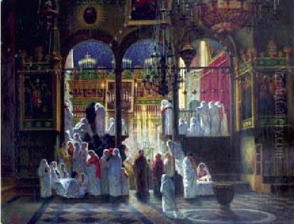 Ceremonie Religieuse Dans L'eglise Du Saint-sepulcre A Jerusalem Oil Painting by Johann-Ludwig Rudolf Durheim