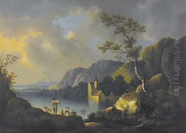 Seelandschaft Mit Fischern Und Einer Wasserburg Oil Painting by Daniel Dueringer