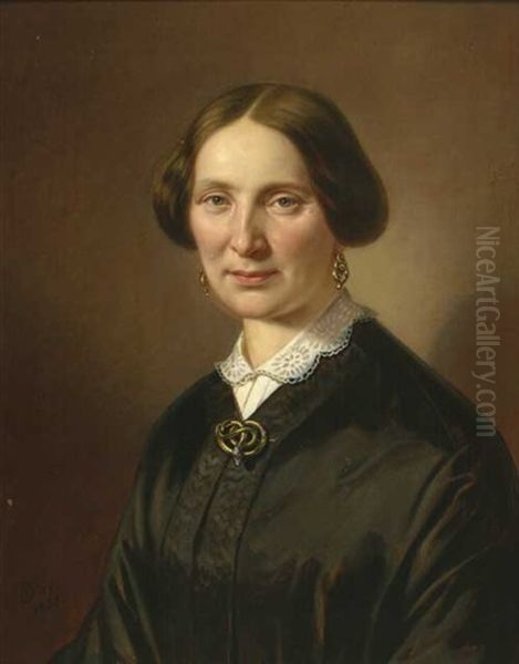 Frau Mit Spitzenkragen, Ohrringen Und Schlangenbrosche (+ Mann Mit Schnurr- Und Kinnbart, Schwarzem Halstuch Und Grungoldenen Hemdknopfen, 1847; Pair) Oil Painting by Wilhelm Durr the Elder