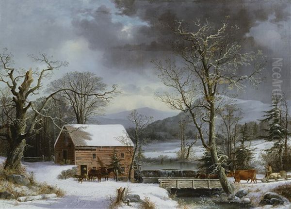 At The Mill, Winter Oil Painting by George Henry Durrie