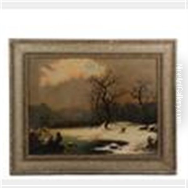 Two Hunters Converse In A Winter Wooded Landscape Oil Painting by George Henry Durrie