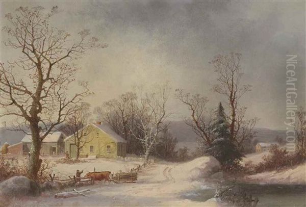 Returning To The Farm (yellow Farmhouse In Winter) Oil Painting by George Henry Durrie