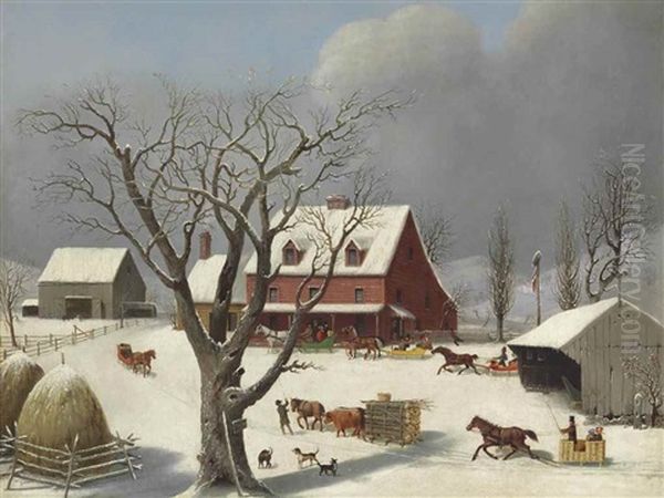 Sleighs Arriving At The Inn Oil Painting by George Henry Durrie