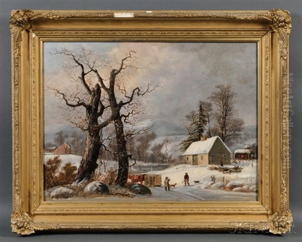 Winter Landscape With Cottage, Figures, And Logging Oil Painting by George Henry Durrie