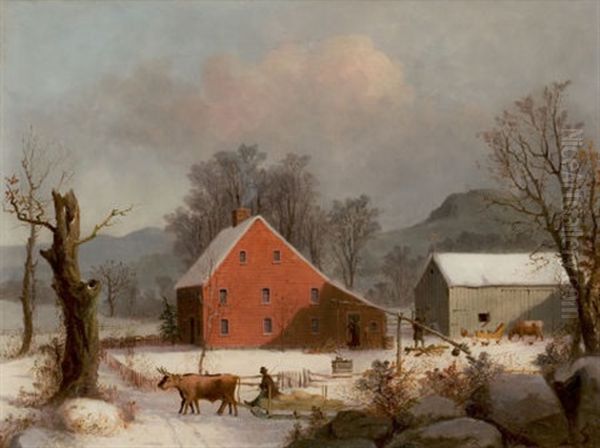 Winter Farmyard With Ox-drawn Sledge Oil Painting by George Henry Durrie