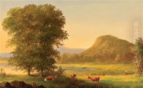 Summer Landscape With Cows, East Rock, New Haven (+ Summer Landscape With Cows At River; Pair) Oil Painting by George Henry Durrie