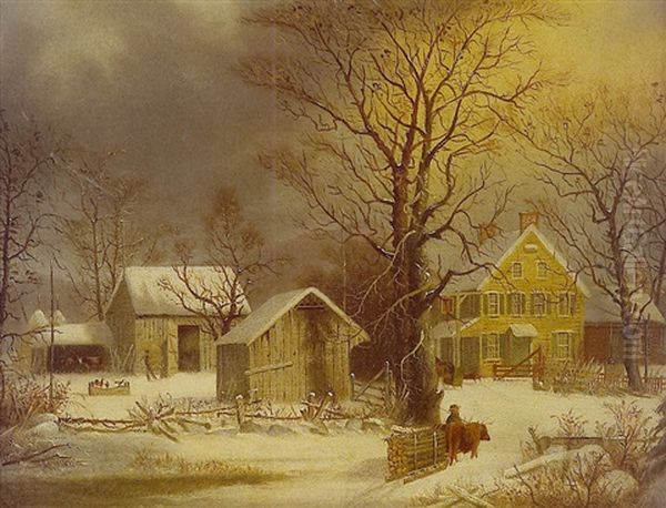 Winter Landscape With Figures Working Around Stone Home, Barn And Outbuilding Oil Painting by George Henry Durrie