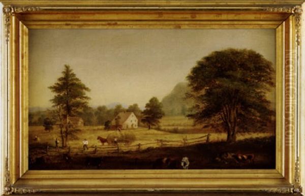 Autumnal Landscape With House, Barn, Animals And Family Haying The Fields Oil Painting by George Henry Durrie