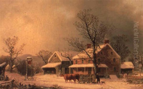 Oxen Hauling Logs On Sled Oil Painting by George Henry Durrie