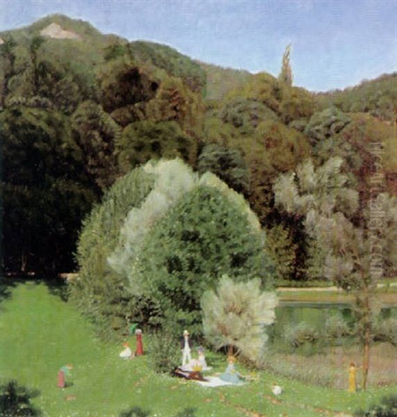 Sonntagliche Gesellschaft Beim Picknick Am Ufer Eines Kleinen Sees An Einem Sonnigen Fruhlingstag Oil Painting by Rudolf Duerrwang