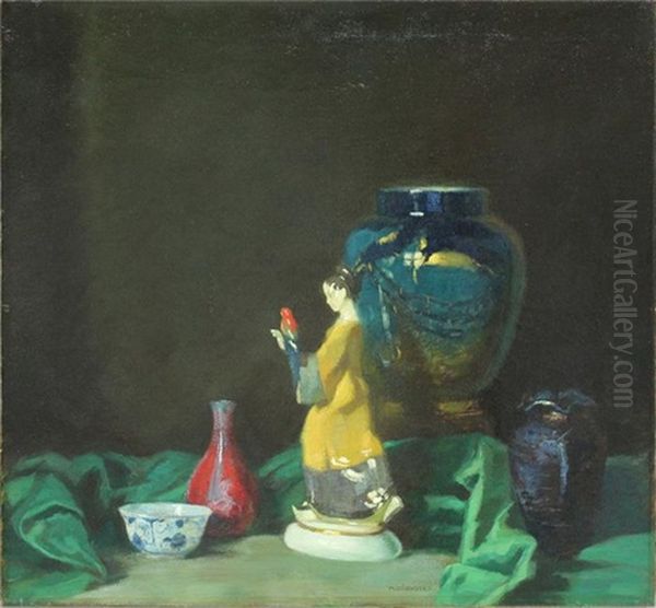 Stillleben Mit Skulptur Einer Chinesin Und Vasen Oil Painting by Max Durschke