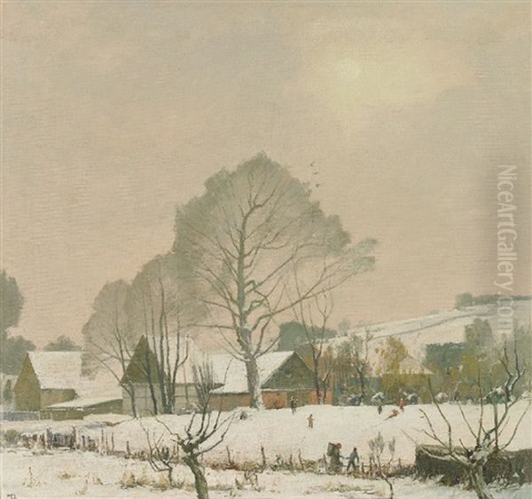 Und Sign. Winterliche Dorflandschaft Mit Hugelhintergrund Oil Painting by Max Durschke