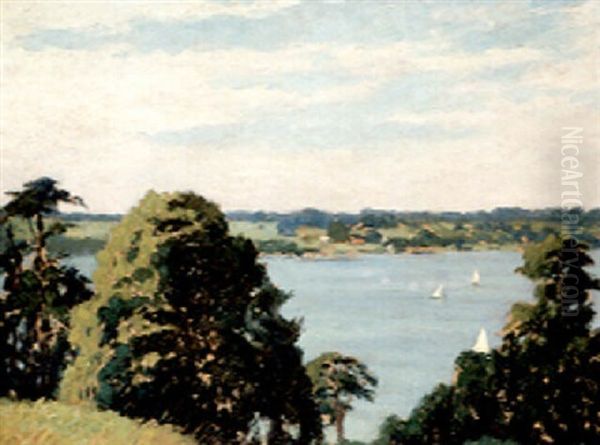 Sommerliche Seenlandschaft Mit Segelbooten (um Berlin?) Oil Painting by Max Durschke