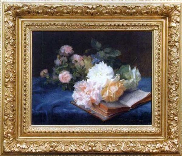 Nature Morte Aux Fleurs Et Au Livre Oil Painting by Hortense M.G. Dury-Vasselon