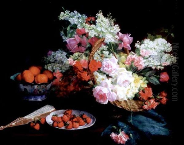 Panier De Fleurs, Fruit Et Eventail Oil Painting by Hortense M.G. Dury-Vasselon