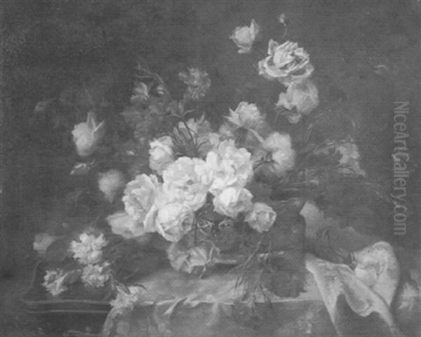 Bouquet De Roses Et Oeillets Reposant Sur Une Table by Hortense M.G. Dury-Vasselon