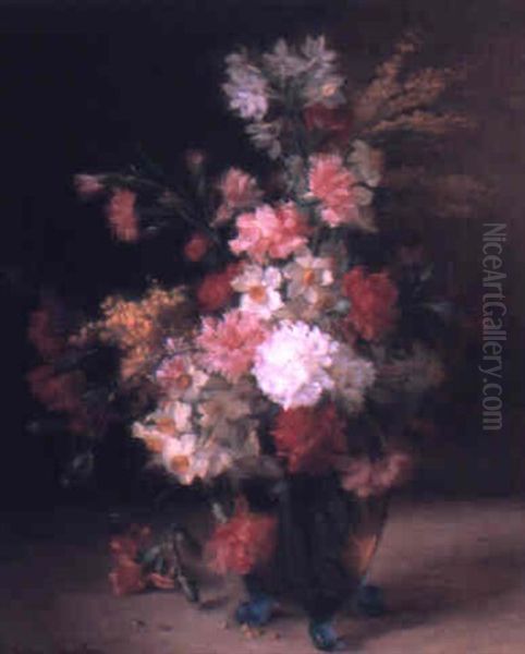 Narcissi, Carnations And Helichrysum In A Glass Vase Oil Painting by Hortense M.G. Dury-Vasselon