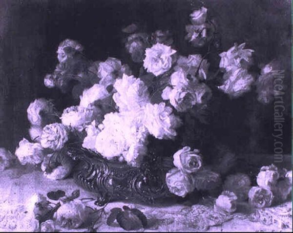 Bouquet De Roses Dans Une Jardiniere D'argent Oil Painting by Hortense M.G. Dury-Vasselon