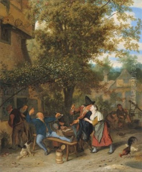 A Fiddler And Peasants Drinking And Carousing Outside A Village Inn Oil Painting by Cornelis Dusart