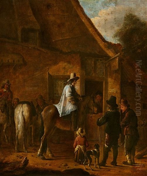 Horsemen By A Tavern Oil Painting by Cornelis Dusart