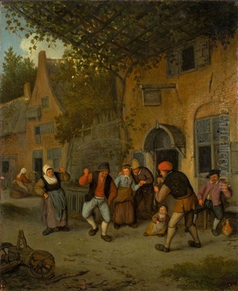 Peasants In Front Of A Tavern, Skipping A Rope Oil Painting by Cornelis Dusart