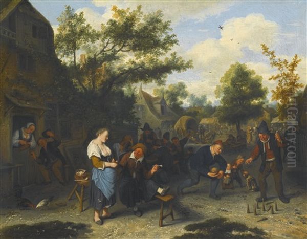 Peasants Playing Skittles Before An Inn Oil Painting by Cornelis Dusart