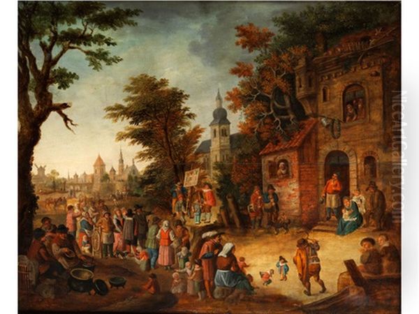 Moritatensanger Vor Zzhlreichen Zuhorern Ausserhalb Einer Stadt Oil Painting by Cornelis Dusart