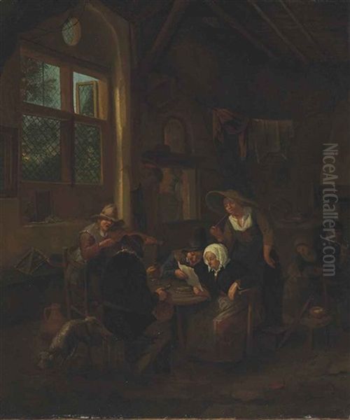 An Interior With Figures Around A Table, Drinking, Smoking, Making Music And Reading A Letter Oil Painting by Cornelis Dusart