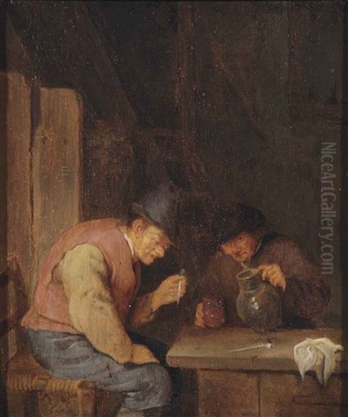 Two Peasants Smoking In An Interior Oil Painting by Cornelis Dusart