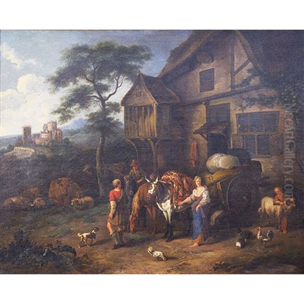 Peasants In A Farm-yard Oil Painting by Cornelis Dusart