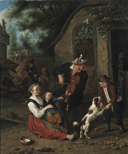 A Violin Player And Other Figures Merrymaking Outside An Inn Oil Painting by Cornelis Dusart