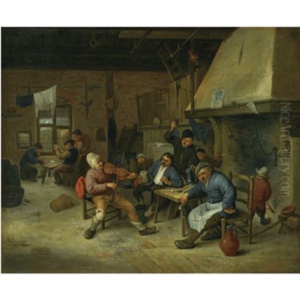 A Tavern Interior With A Fiddler And Peasants Smoking, Drinking And Playing Cards Oil Painting by Cornelis Dusart