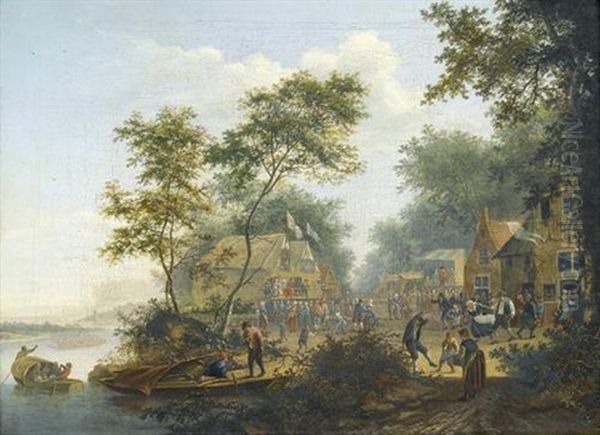 Uferpartie Mit Jahrmarkt-gesellschaft Oil Painting by Cornelis Dusart