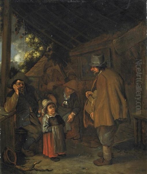 Bauersleute Mit Einem Wanderer Vor Dem Gehoft Oil Painting by Cornelis Dusart