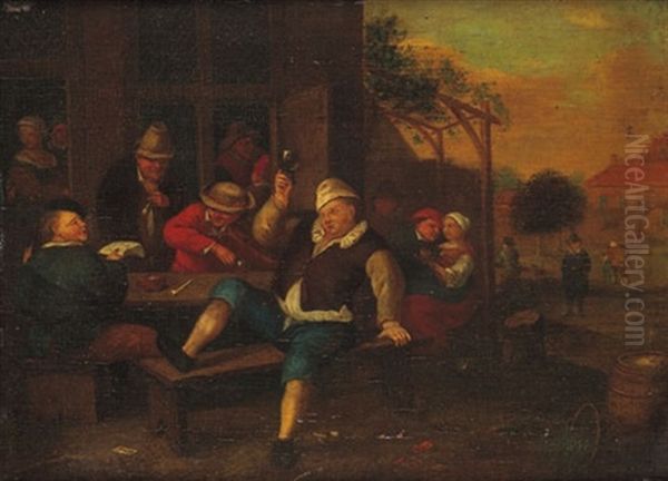 Frohliche Gesellschaft Vor Einem Wirtshaus by Cornelis Dusart