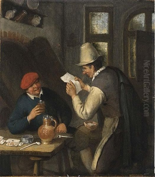 A Notary Reading A Letter To A Peasant Seated At A Table, Drinking And Smoking In An Interior Oil Painting by Cornelis Dusart