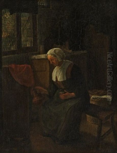 Frau In Interieur Auf Einer Holzbank Vor Einem Waschekorb by Cornelis Dusart