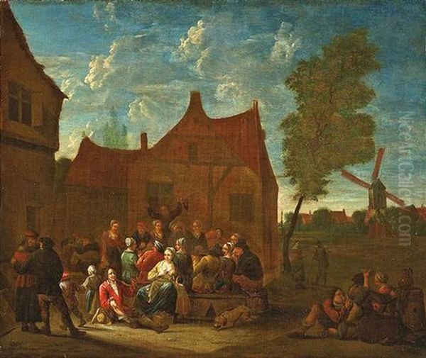 Dorffest. Um Einen Auf Dem Dorfplatz Aufgebauten Tisch Haben Sich Dorfbewohner Zum Trunk Versammelt Oil Painting by Cornelis Dusart