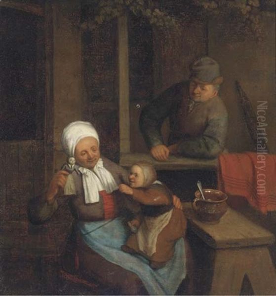 A Mother Playing With Her Child With A Man Looking On Oil Painting by Cornelis Dusart