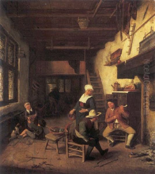 A Peasant Family In An Interior Oil Painting by Cornelis Dusart