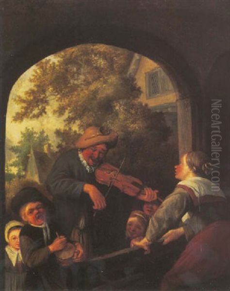 A Woman At A Half Opened Doorway Listening To A Travelling Musician Oil Painting by Cornelis Dusart