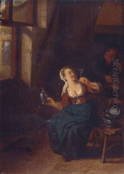 A Tipsy Woman Toasting Her Husband As He Eats His Food Oil Painting by Cornelis Dusart