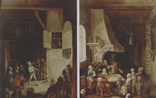 An Interior With Figures Watching A Conjuror Oil Painting by Cornelis Dusart