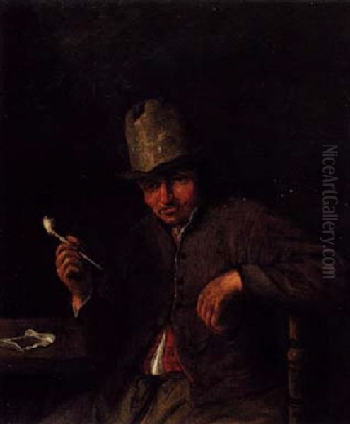 Man Seated At A Table Smoking A Pipe Oil Painting by Cornelis Dusart