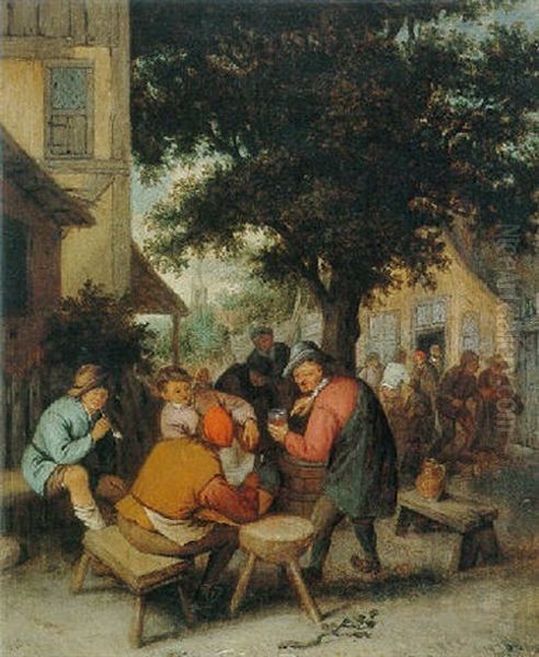 Pleasants Drinking And Smoking In A Village Courtyard Oil Painting by Cornelis Dusart