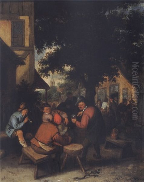 Peasants Drinking And Smoking In A Village Courtyard Oil Painting by Cornelis Dusart