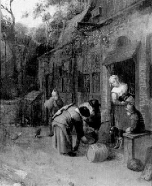 Figures Filling Water Jugs By A Cottage Door Oil Painting by Cornelis Dusart