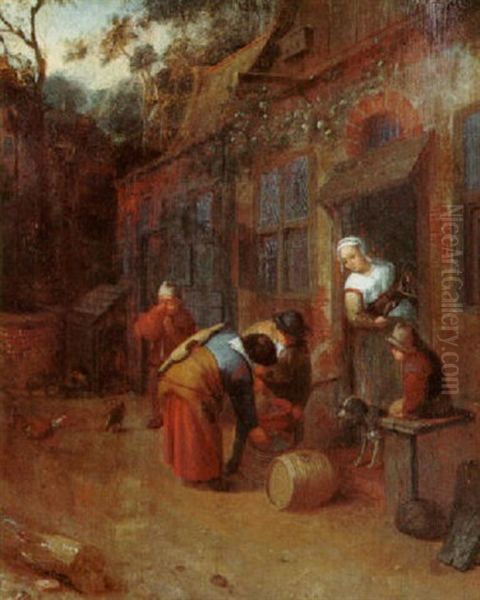 A Pedlar Offering Water To A Peasant Family By An Inn Oil Painting by Cornelis Dusart