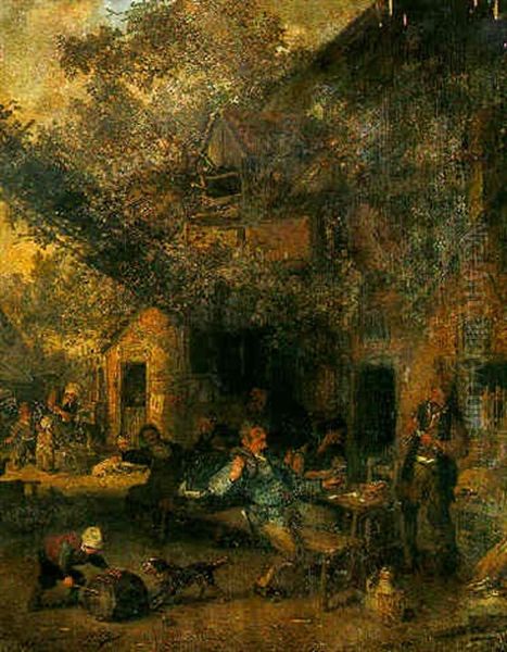 Boors Drinking And Smoking At A Table In A Farmyard With A Peasant Woman And Children By A Pump Beyond Oil Painting by Cornelis Dusart